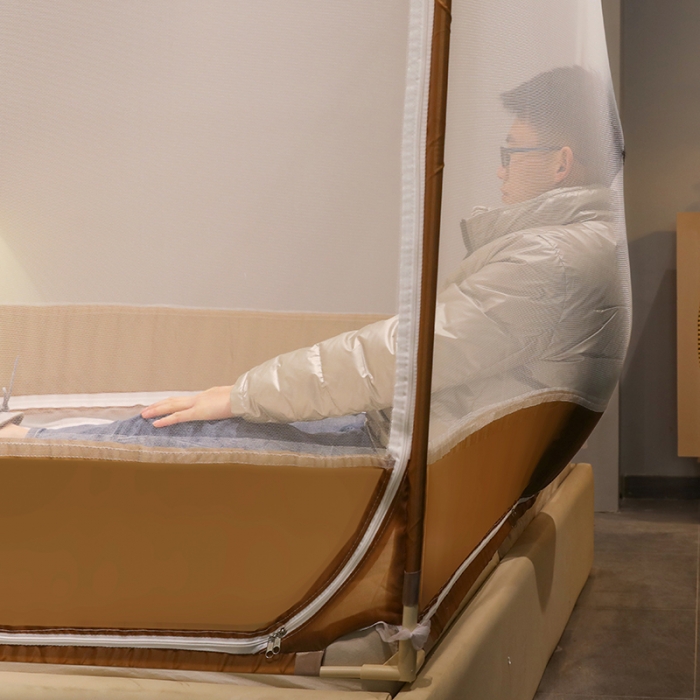 91家纺网 家纺一手货源 找家纺 博诺蚊帐 2022新款全底防摔坐床烤漆刺绣蚊帐 福黛浅驼