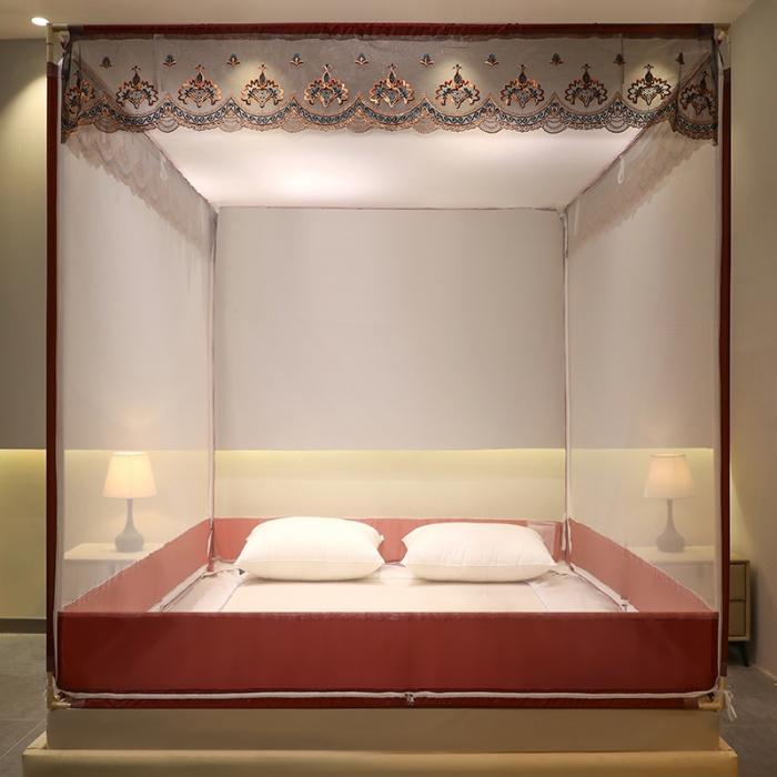 91家纺网 家纺一手货源 找家纺 博诺蚊帐 2022新款全底防摔坐床烤漆刺绣蚊帐 福黛深红