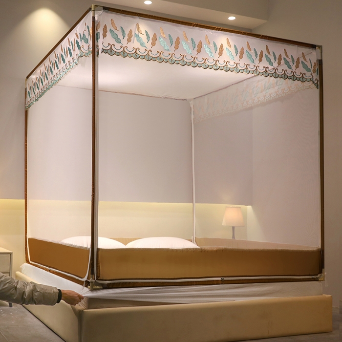 91家纺网 家纺一手货源 找家纺 博诺蚊帐 2022新款全底防摔坐床烤漆刺绣蚊帐 飘羽咖啡