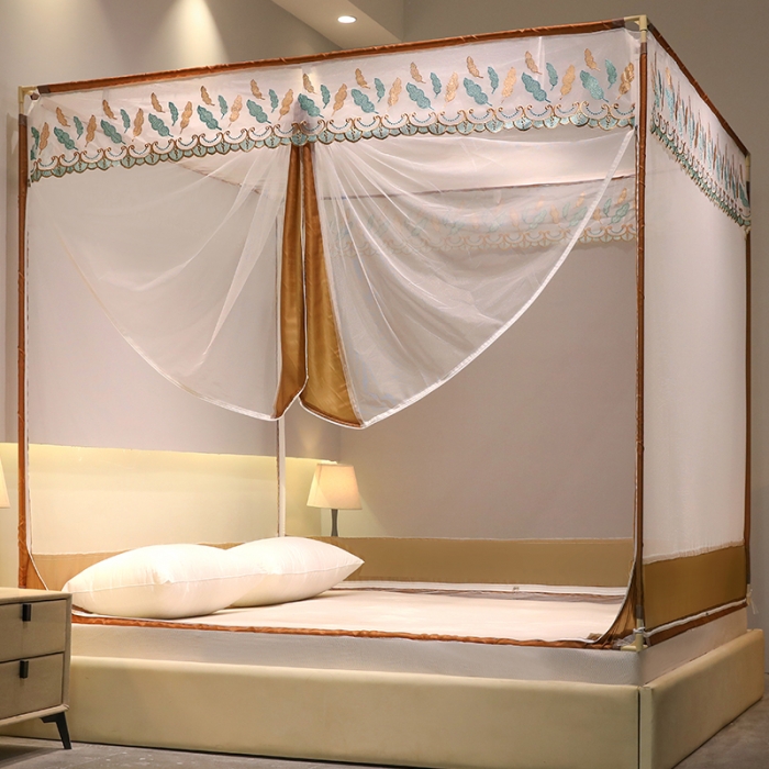 91家纺网 家纺一手货源 找家纺 博诺蚊帐 2022新款全底防摔坐床烤漆刺绣蚊帐 飘羽咖啡