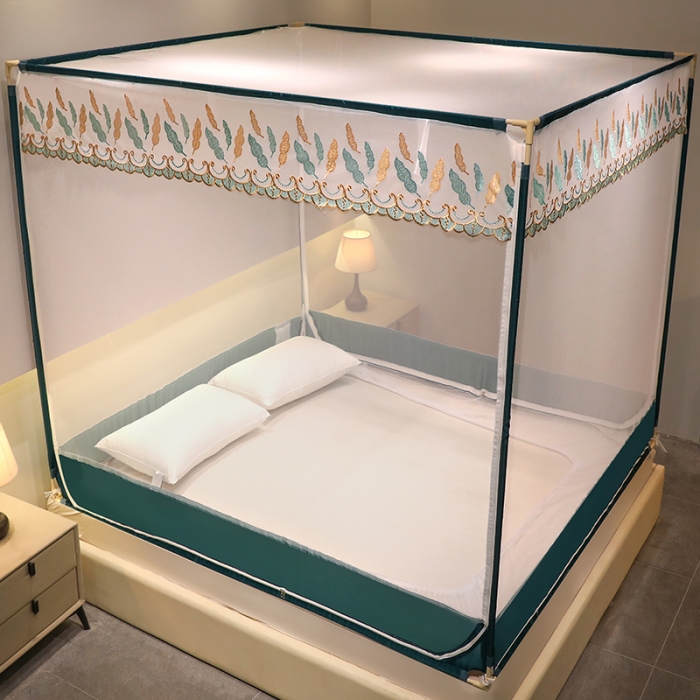 91家纺网 家纺一手货源 找家纺 博诺蚊帐 2022新款全底防摔坐床烤漆刺绣蚊帐 飘羽墨绿