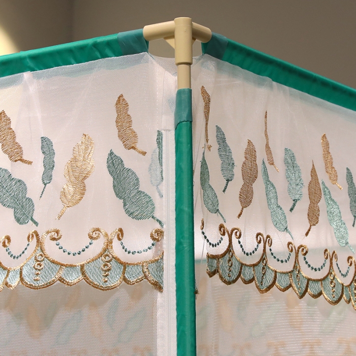 91家纺网 家纺一手货源 找家纺 博诺蚊帐 2022新款全底防摔坐床烤漆刺绣蚊帐 飘羽氧气绿