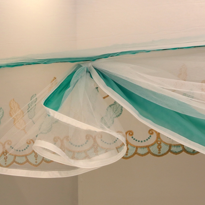 91家纺网 家纺一手货源 找家纺 博诺蚊帐 2022新款全底防摔坐床烤漆刺绣蚊帐 飘羽氧气绿