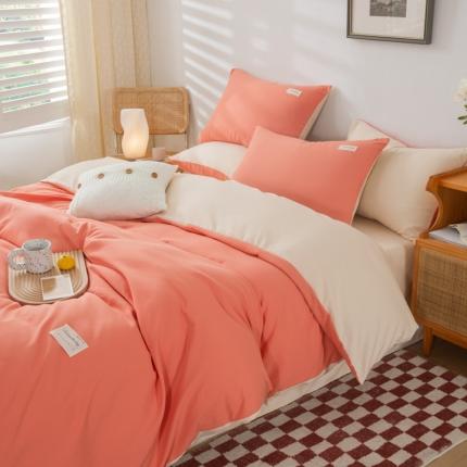 91家纺网 家纺一手货源 找家纺 漫仙阁 2024年新款纯色双拼学生三件套四件套  海棠橙+奶白