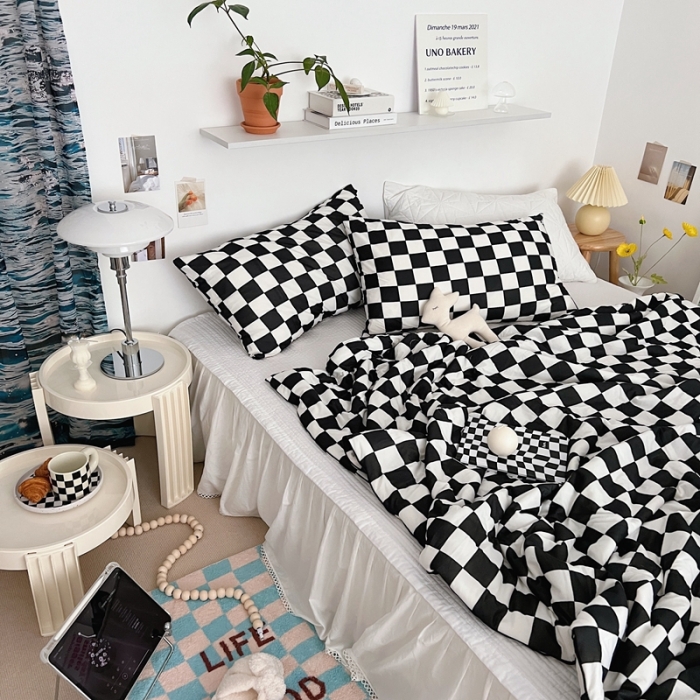 91家纺网 家纺一手货源 找家纺 星期八 2022新款棋盘格针织棉夏被 黑格