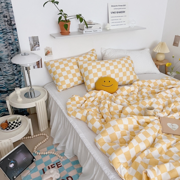 91家纺网 家纺一手货源 找家纺 星期八 2022新款棋盘格针织棉夏被 黄格