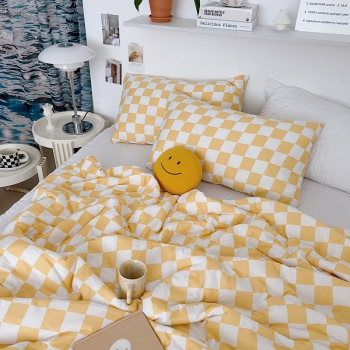 91家纺网 家纺一手货源 找家纺 星期八 2022新款棋盘格针织棉夏被 黄格