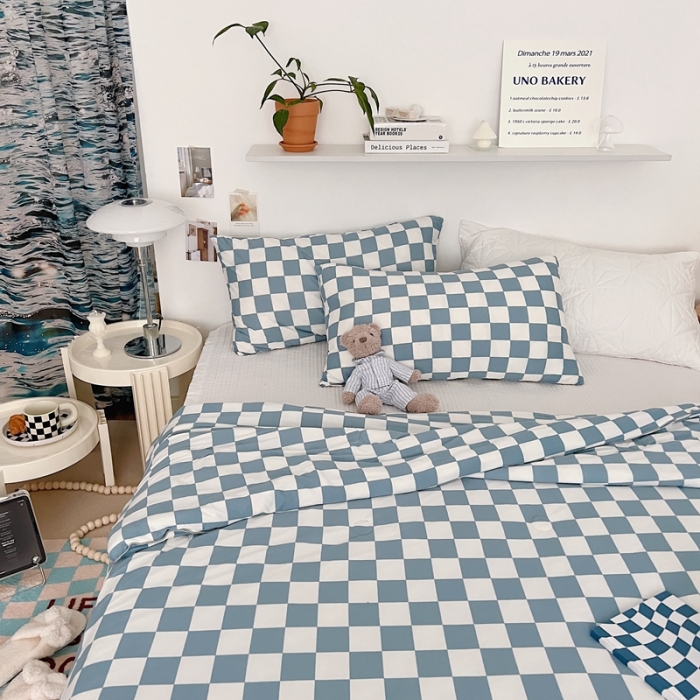 91家纺网 家纺一手货源 找家纺 星期八 2022新款棋盘格针织棉夏被 蓝格