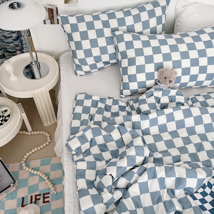 91家纺网 家纺一手货源 找家纺 星期八 2022新款棋盘格针织棉夏被 蓝格