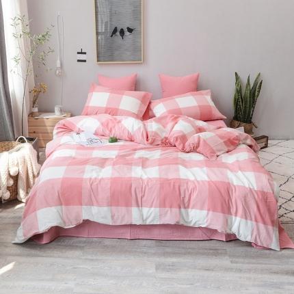 柠萌家居 2022新款无印良品全棉色织水洗棉四件套 粉红大格