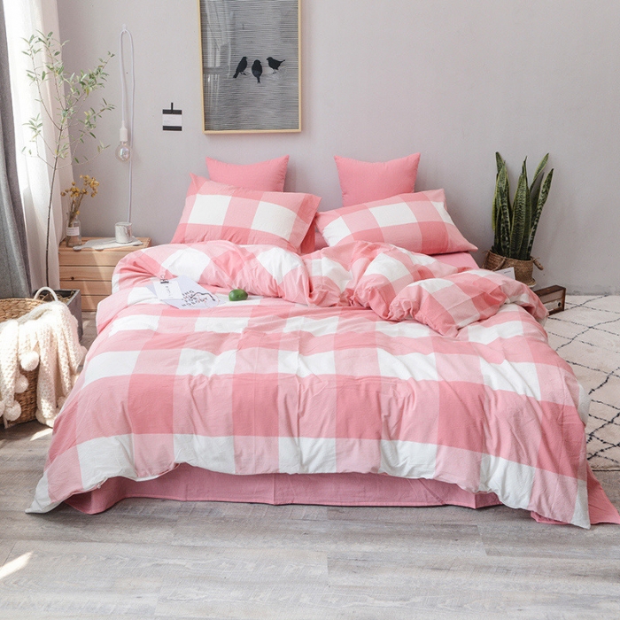 91家纺网 家纺一手货源 找家纺 柠萌家居 2022新款无印良品全棉色织水洗棉四件套 粉红大格