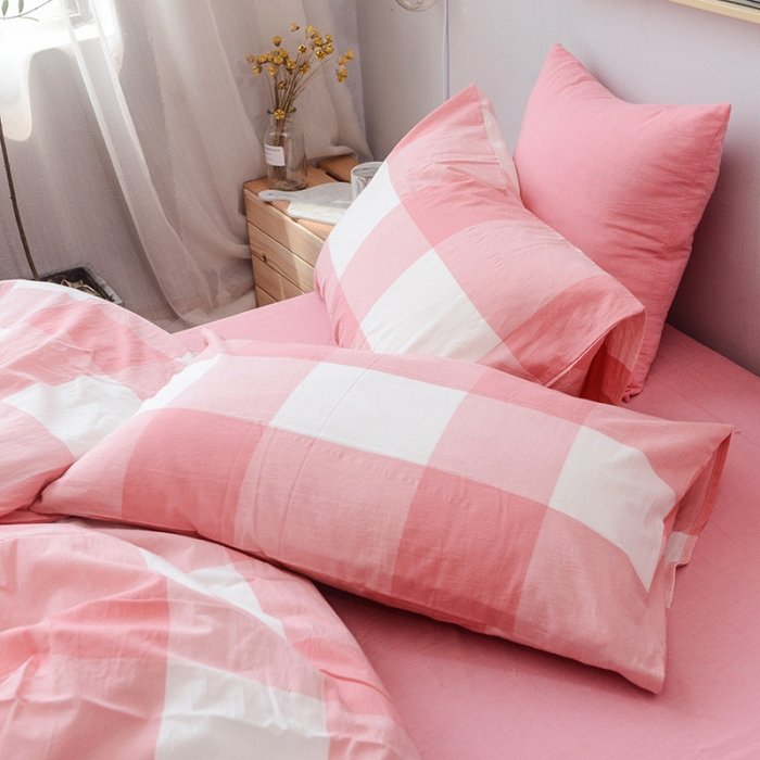 91家纺网 家纺一手货源 找家纺 柠萌家居 2022新款无印良品全棉色织水洗棉四件套 粉红大格