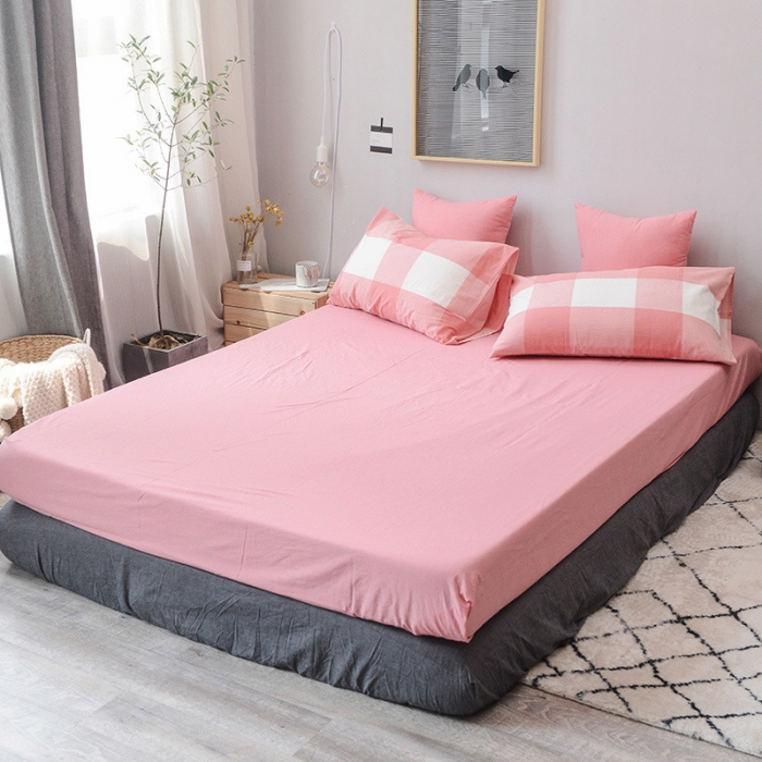 91家纺网 家纺一手货源 找家纺 柠萌家居 2022新款无印良品全棉色织水洗棉四件套 粉红大格