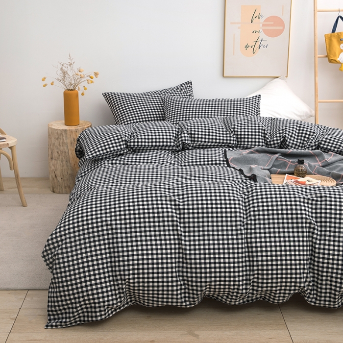 91家纺网 家纺一手货源 找家纺 柠萌家居 2022新款无印良品全棉色织水洗棉四件套 黑白小格