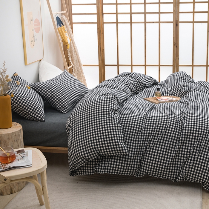 91家纺网 家纺一手货源 找家纺 柠萌家居 2022新款无印良品全棉色织水洗棉四件套 黑白小格
