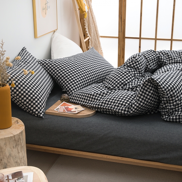 91家纺网 家纺一手货源 找家纺 柠萌家居 2022新款无印良品全棉色织水洗棉四件套 黑白小格