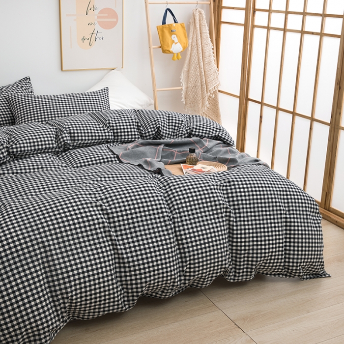 91家纺网 家纺一手货源 找家纺 柠萌家居 2022新款无印良品全棉色织水洗棉四件套 黑白小格