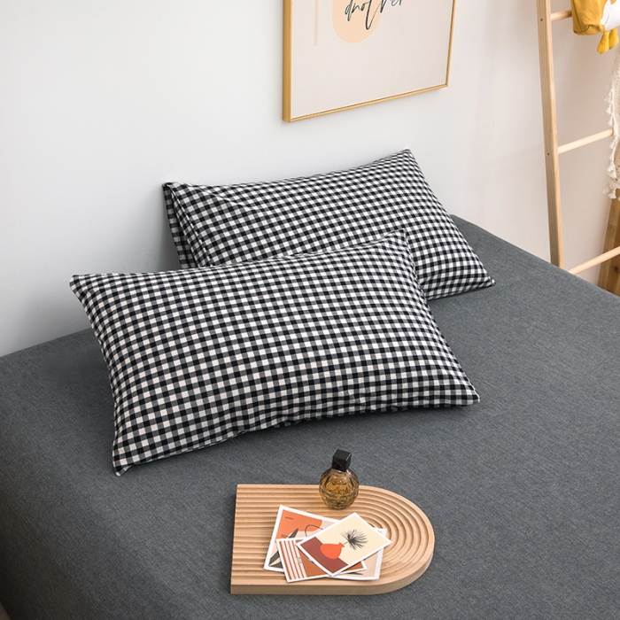 91家纺网 家纺一手货源 找家纺 柠萌家居 2022新款无印良品全棉色织水洗棉四件套 黑白小格