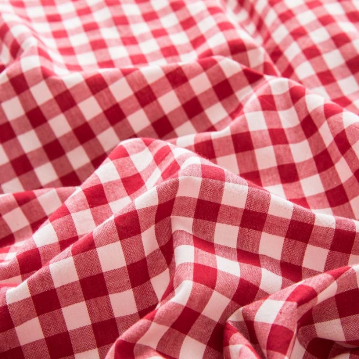 91家纺网 家纺一手货源 找家纺 柠萌家居 2022年新款无印良品全棉色织水洗棉四件套 红小格