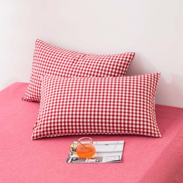 91家纺网 家纺一手货源 找家纺 柠萌家居 2022年新款无印良品全棉色织水洗棉四件套 红小格