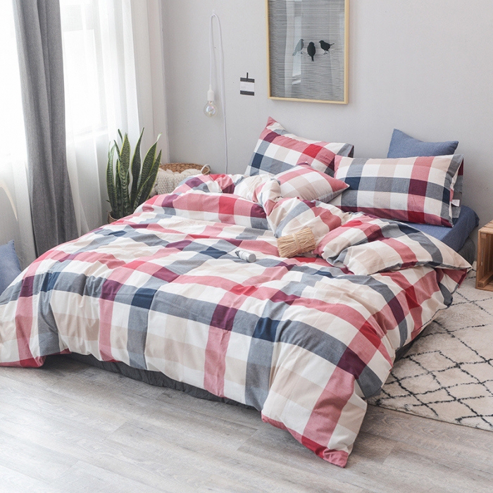 91家纺网 家纺一手货源 找家纺 柠萌家居 2022新款无印良品全棉色织水洗棉四件套 蓝红中格