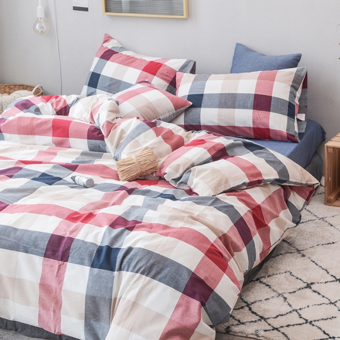 91家纺网 家纺一手货源 找家纺 柠萌家居 2022新款无印良品全棉色织水洗棉四件套 蓝红中格