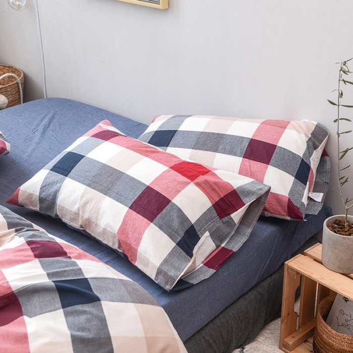 91家纺网 家纺一手货源 找家纺 柠萌家居 2022新款无印良品全棉色织水洗棉四件套 蓝红中格