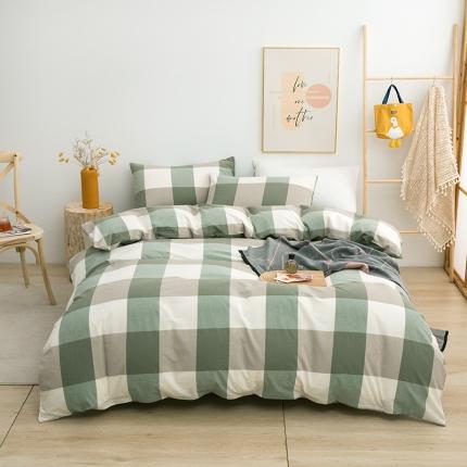 柠萌家居 2022新款无印良品全棉色织水洗棉四件套 绿灰大格