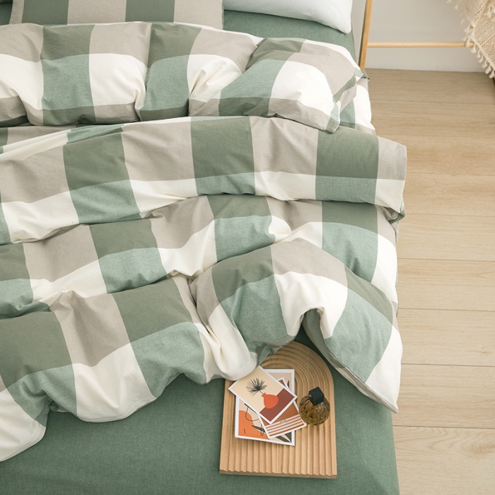 91家纺网 家纺一手货源 找家纺 柠萌家居 2022新款无印良品全棉色织水洗棉四件套 绿灰大格