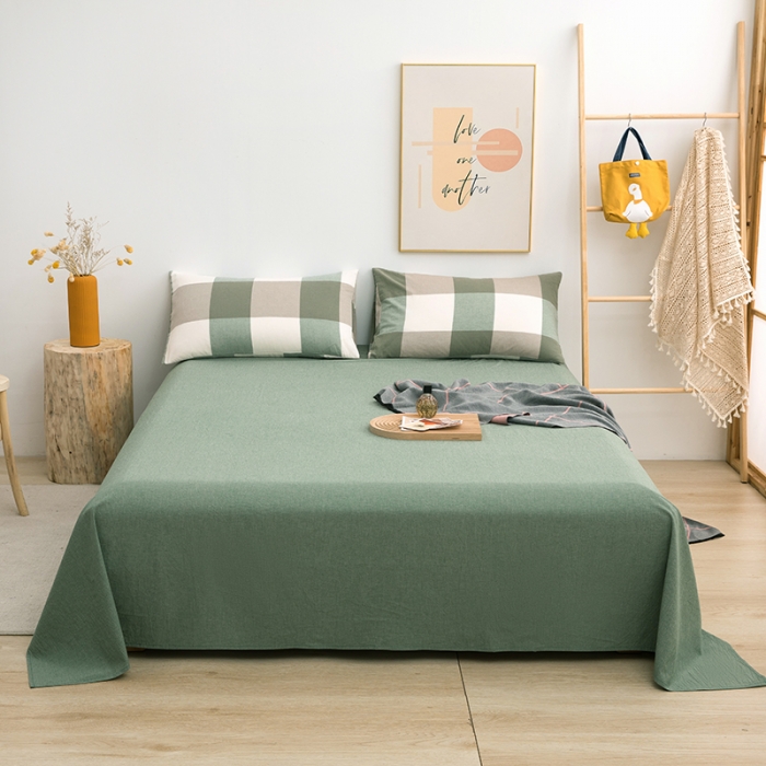 91家纺网 家纺一手货源 找家纺 柠萌家居 2022新款无印良品全棉色织水洗棉四件套 绿灰大格