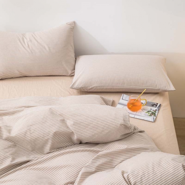 91家纺网 家纺一手货源 找家纺 柠萌家居 2022年新款无印良品全棉色织水洗棉四件套 米细条