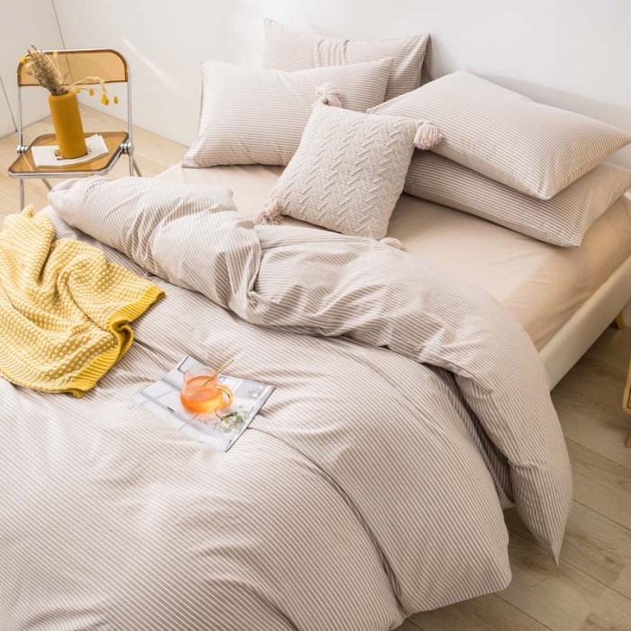 91家纺网 家纺一手货源 找家纺 柠萌家居 2022年新款无印良品全棉色织水洗棉四件套 米细条