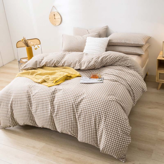 91家纺网 家纺一手货源 找家纺 柠萌家居 2022年新款无印良品全棉色织水洗棉四件套 米小格