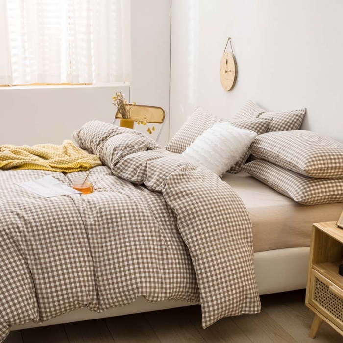 91家纺网 家纺一手货源 找家纺 柠萌家居 2022年新款无印良品全棉色织水洗棉四件套 米小格