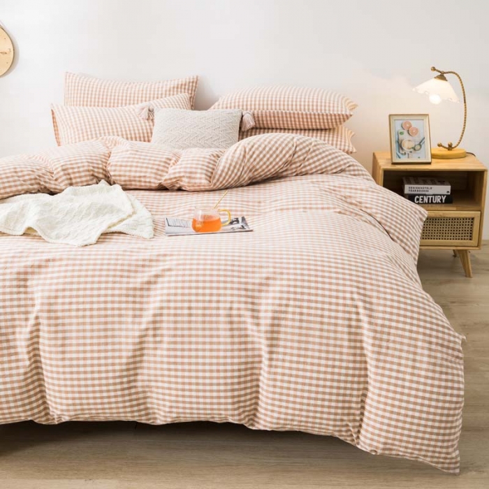 91家纺网 家纺一手货源 找家纺 柠萌家居 2022新款无印良品全棉色织水洗棉四件套 蜜粉小格