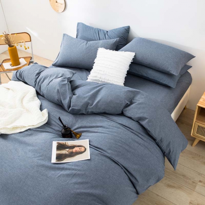 91家纺网 家纺一手货源 找家纺 柠萌家居 2022新款无印良品全棉色织水洗棉四件套 牛仔蓝