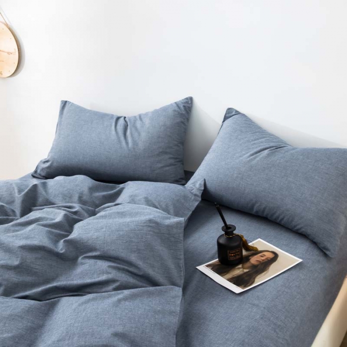 91家纺网 家纺一手货源 找家纺 柠萌家居 2022新款无印良品全棉色织水洗棉四件套 牛仔蓝