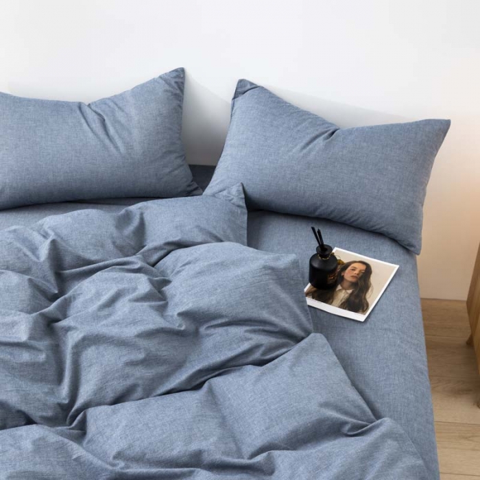 91家纺网 家纺一手货源 找家纺 柠萌家居 2022新款无印良品全棉色织水洗棉四件套 牛仔蓝