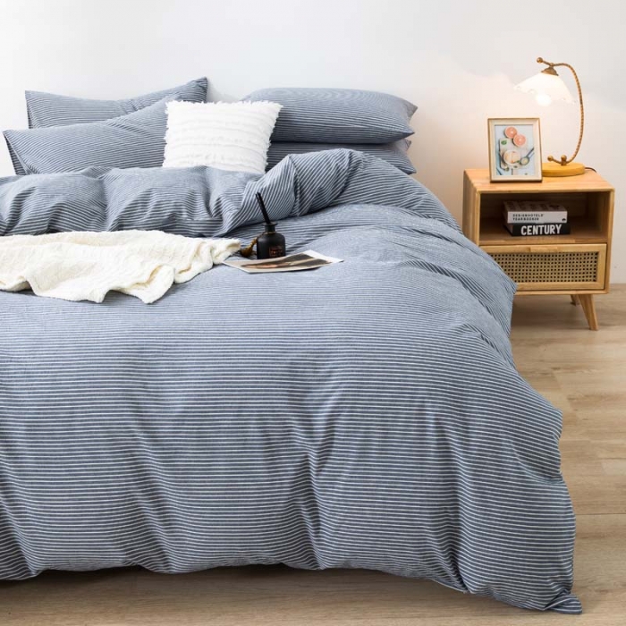 91家纺网 家纺一手货源 找家纺 柠萌家居 新款无印良品全棉色织水洗棉四件套 牛仔蓝细条