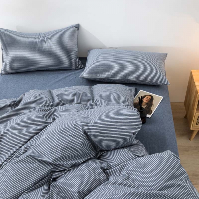 91家纺网 家纺一手货源 找家纺 柠萌家居 新款无印良品全棉色织水洗棉四件套 牛仔蓝细条