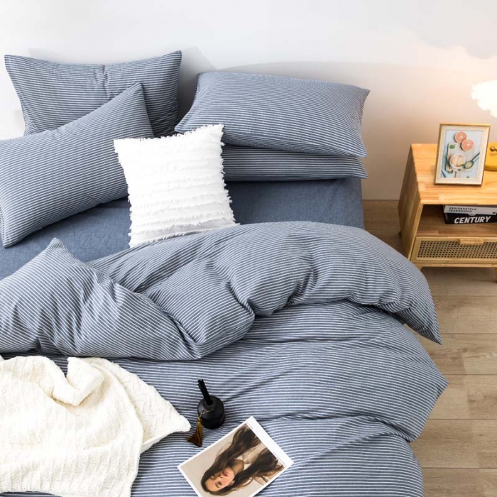 91家纺网 家纺一手货源 找家纺 柠萌家居 新款无印良品全棉色织水洗棉四件套 牛仔蓝细条