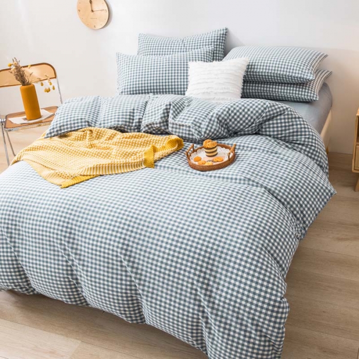 91家纺网 家纺一手货源 找家纺 柠萌家居 2022新款无印良品全棉色织水洗棉四件套 浅蓝小格