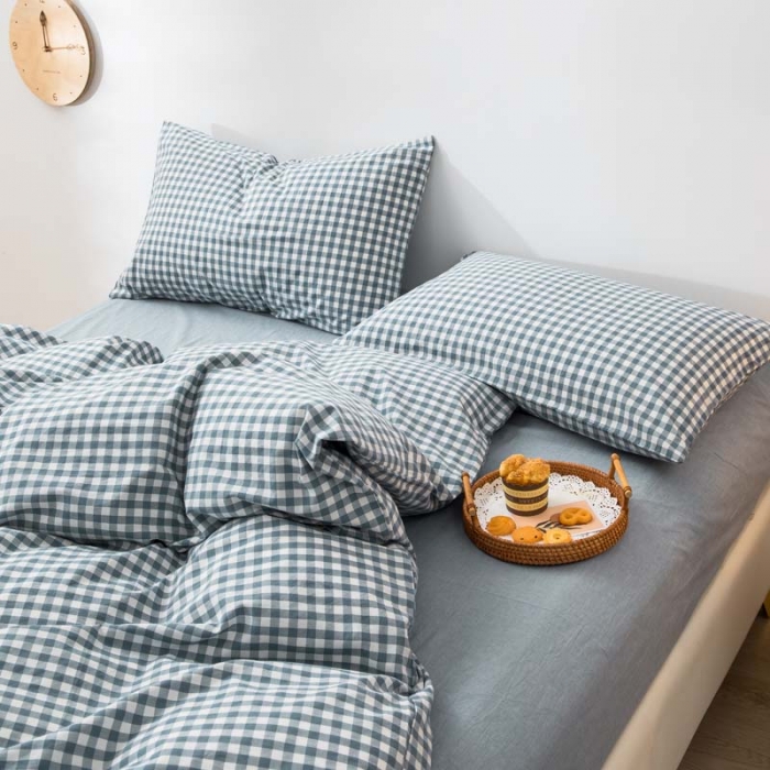 91家纺网 家纺一手货源 找家纺 柠萌家居 2022新款无印良品全棉色织水洗棉四件套 浅蓝小格