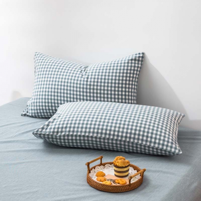 91家纺网 家纺一手货源 找家纺 柠萌家居 2022新款无印良品全棉色织水洗棉四件套 浅蓝小格