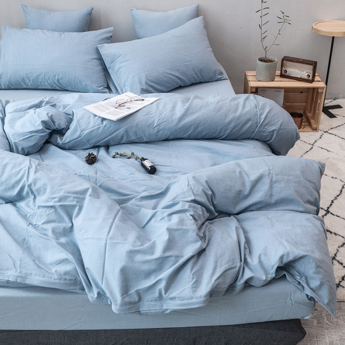 91家纺网 家纺一手货源 找家纺 柠萌家居 2022新款无印良品全棉色织水洗棉四件套 浅水蓝