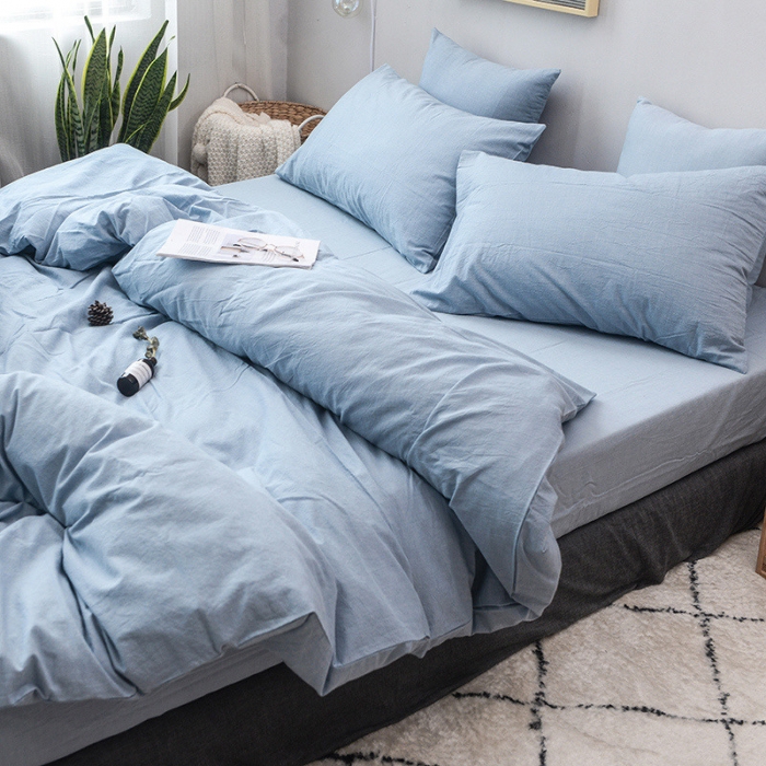 91家纺网 家纺一手货源 找家纺 柠萌家居 2022新款无印良品全棉色织水洗棉四件套 浅水蓝