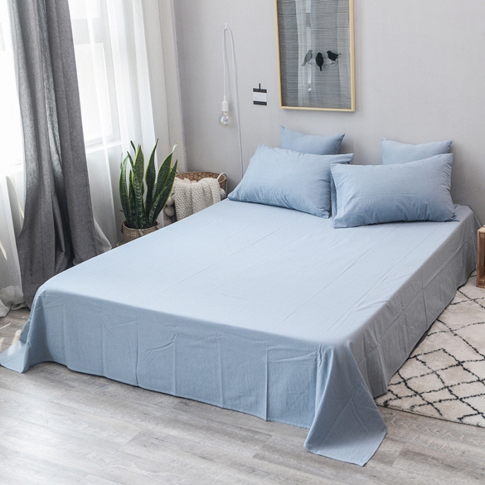 91家纺网 家纺一手货源 找家纺 柠萌家居 2022新款无印良品全棉色织水洗棉四件套 浅水蓝