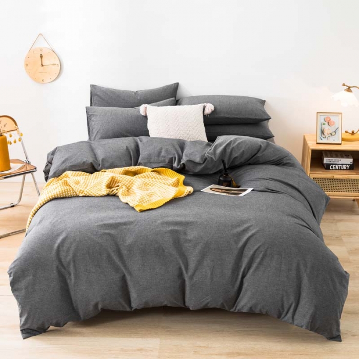 91家纺网 家纺一手货源 找家纺 柠萌家居 2022年新款无印良品全棉色织水洗棉四件套 深灰