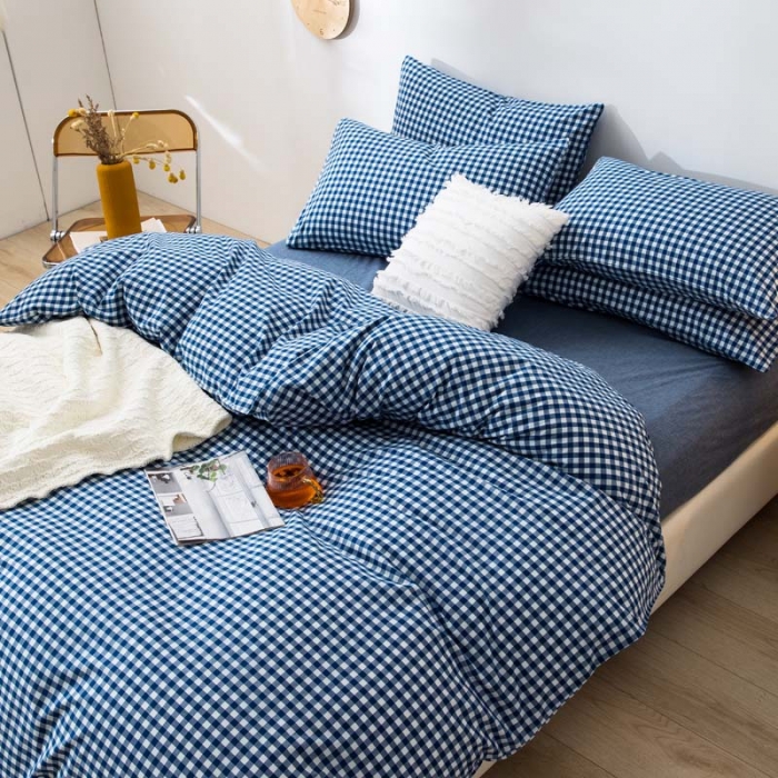 91家纺网 家纺一手货源 找家纺 柠萌家居 2022新款无印良品全棉色织水洗棉四件套 深蓝小格