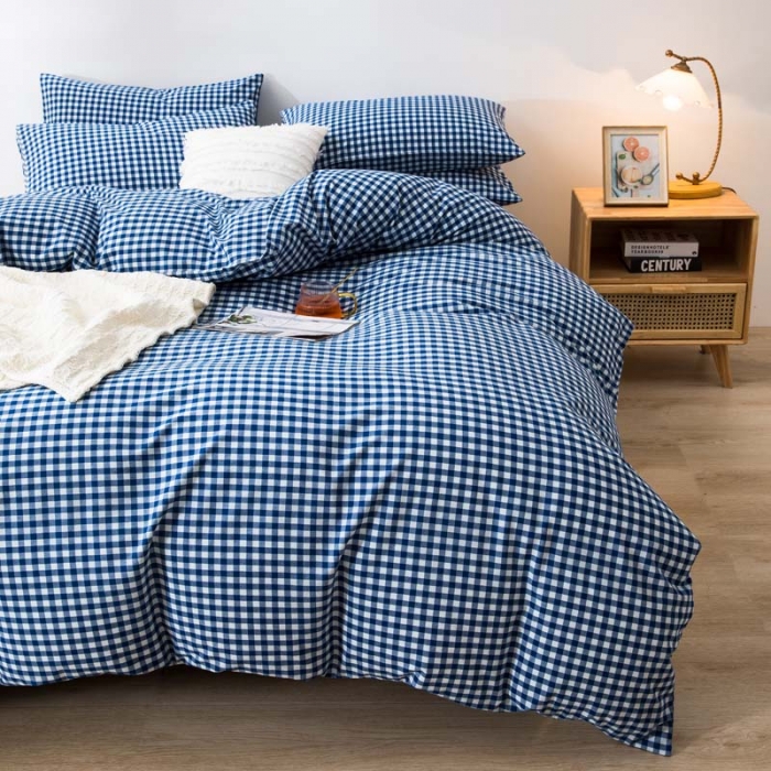 91家纺网 家纺一手货源 找家纺 柠萌家居 2022新款无印良品全棉色织水洗棉四件套 深蓝小格